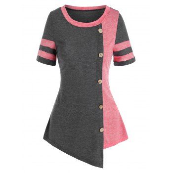 

Colorblock Asymmetrical Round Neck T Shirt, Pink rose