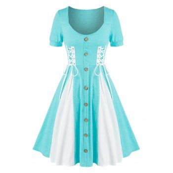 

Colorblock Godet Dress Lace Up Mock Buttons Fit And Flare Dress Short Sleeve Heathered Dress, Medium turquoise