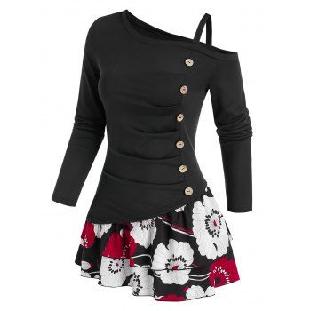 

Flower Print Button Ruched Layered Twofer T-shirt, Black