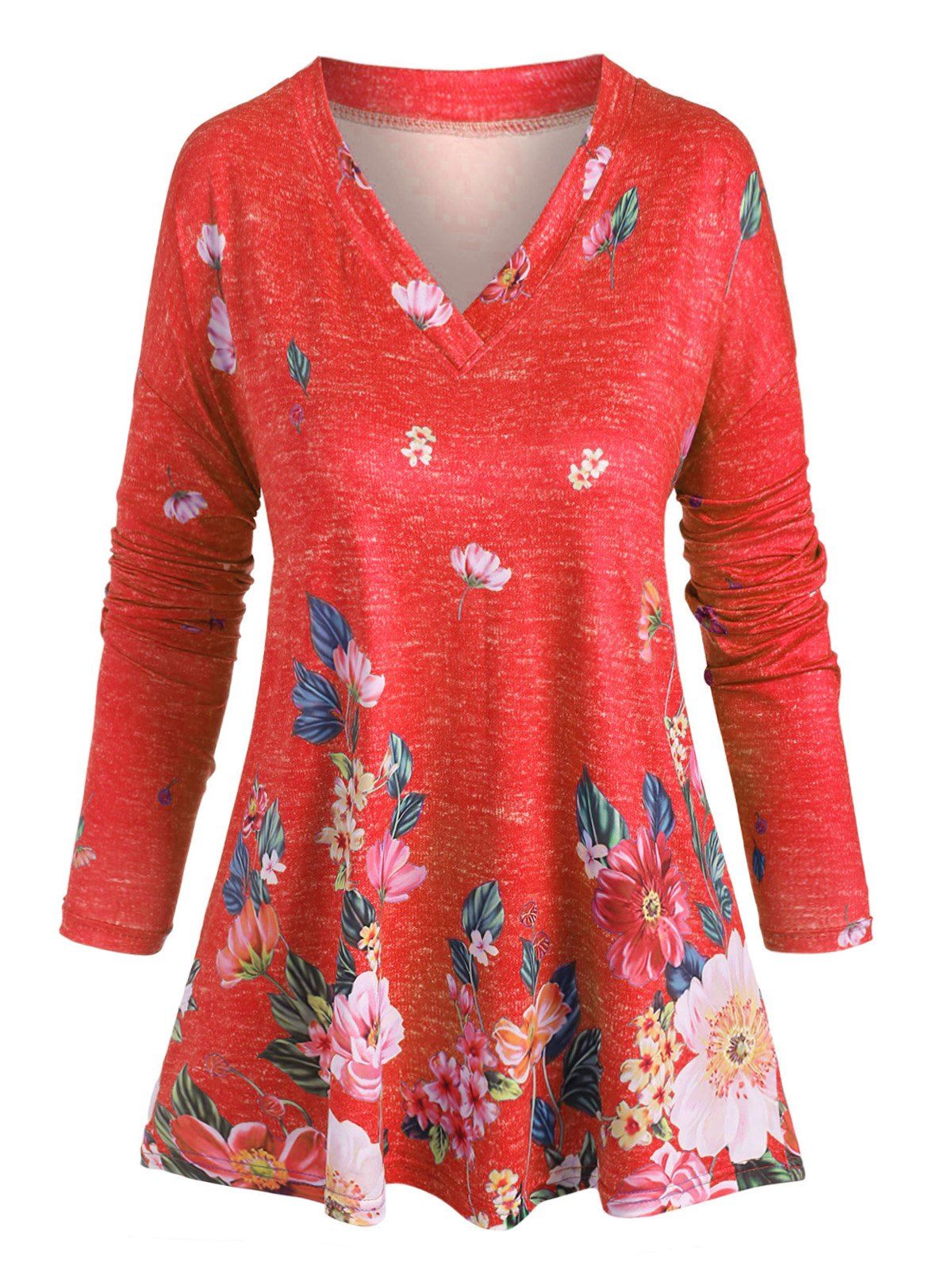 Plus Size Floral Print V Neck T Shirt - RED XL