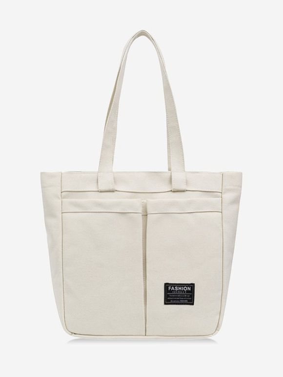 Sac Fourre-tout Lettre Label avec Poches en Canevas - Blanc Lait 