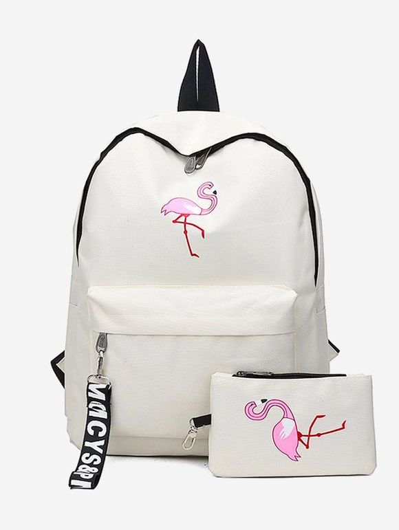 Ensemble de Sac à Dos Stylo à Imprimé Flamant en Canevas 2 Pièces - Blanc Lait 