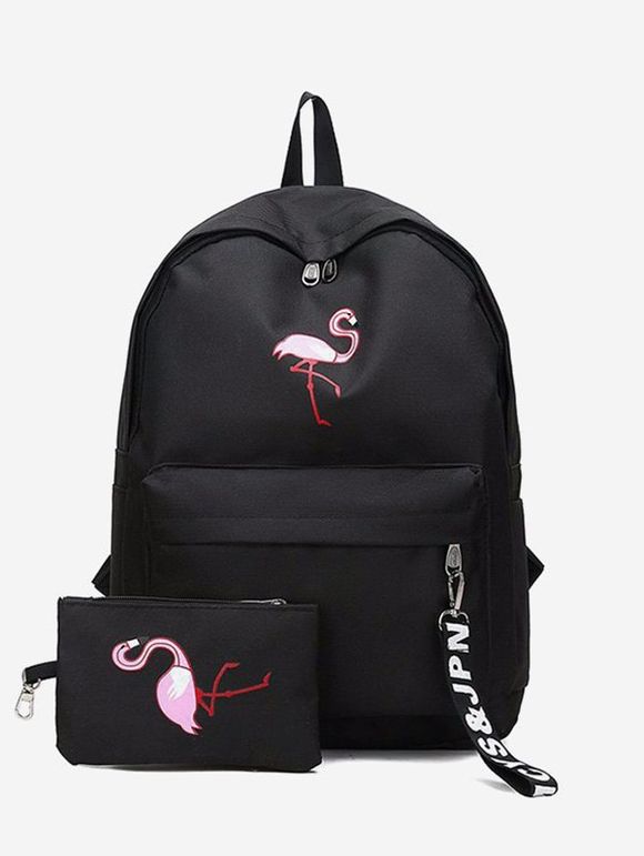 Ensemble de Sac à Dos Stylo à Imprimé Flamant en Canevas 2 Pièces - Noir 