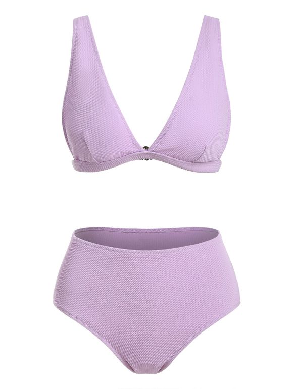 Maillot de Bain Bikini Texturé à Taille Haute - Violet clair XL