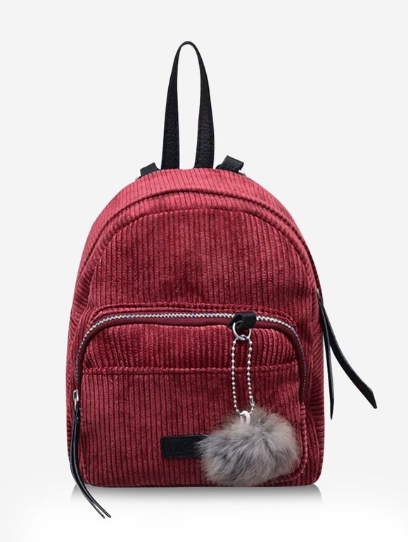 Mini Sac à Dos avec Pendentif en Velours Cotelé et Pompon - Rouge Vineux 