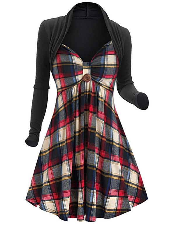 Robe Jointe Imprimée à Carreaux à Manches Longues - Noir 3XL