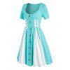 Colorblock Godet Dress Lace Up Mock Buttons Fit And Flare Dress Short Sleeve Heathered Dress - MEDIUM TURQUOISE 3XL