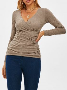 Fitted V Neck Ruched Wrap Top