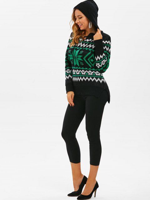 Pull à Capuche Haut Bas Fendu Flocon de Neige Noël à Lacets