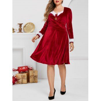 

Plus Size Velvet Faux Fur Panel Crossover A Line Dress, Red