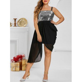 

Plus Size Asymmetric Sequined Ruched Draped Cami Dress, Black