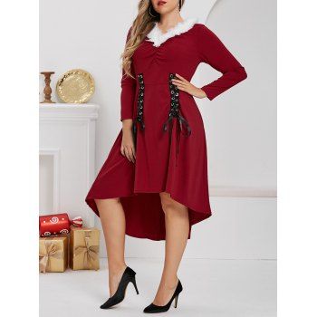

Plus Size Lace-up Dip Hem Faux Fur Panel Casual Dress, Red wine