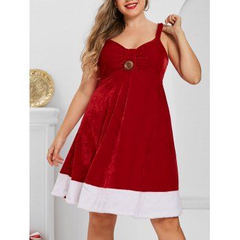 

Plus Size Bicolor Velvet Ruched Bust Christmas Dress, Red