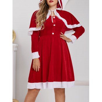 

Plus Size Velvet Christmas Dress with Hooded Cape Set, Red