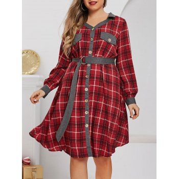 

Plus Size Plaid Flap Detail Roll Up Sleeve Dress, Lava red