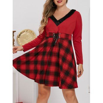 

Plus Size Plaid Lace-up A Line Long Sleeve Dress, Red