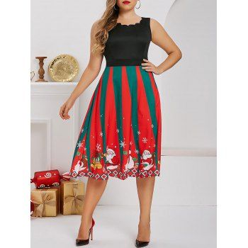 

Plus Size Christmas Santa Snowman Print Dress, Black