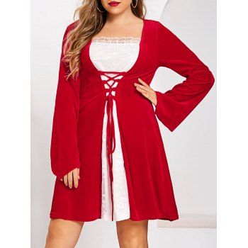 

Plus Size Velvet Lace Snowflake Lattice Christmas Dress, Lava red