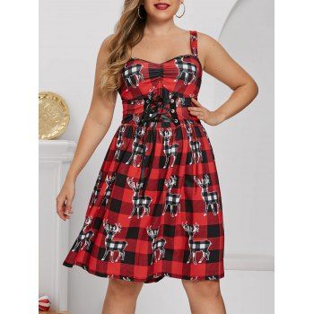 

Elk Plaid Lace Up Christmas Plus Size Dress, Red