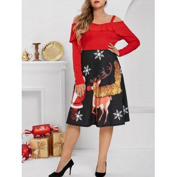 

Plus Size Cold Shoulder Ruffled Christmas Printed Dress, Red
