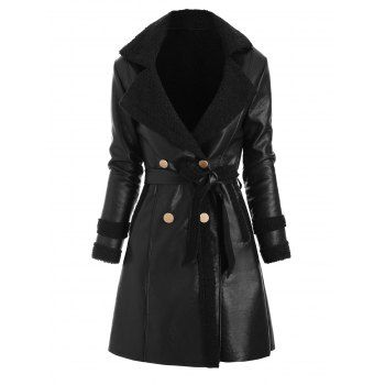 

Faux Leather Shearling Insert Belted Pocket Coat, Black