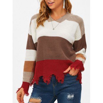 

V Neck Frayed Hem Colorblock Sweater, Multicolor