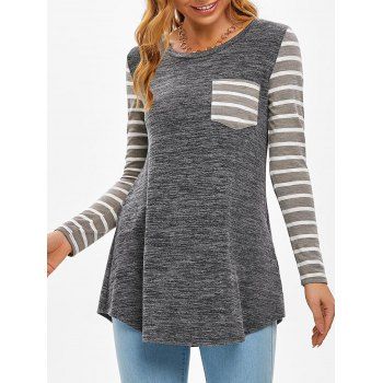 

Striped One Pocket Casual Longline T Shirt, Ash gray