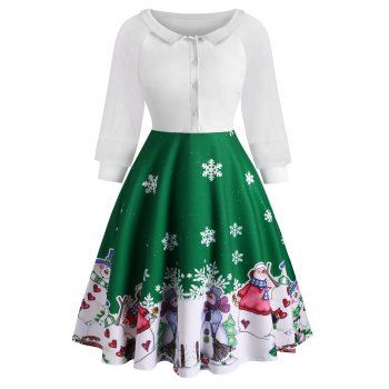 

Half Button Xmas Snowman Snowflake Organza Sleeves Dress, Deep green