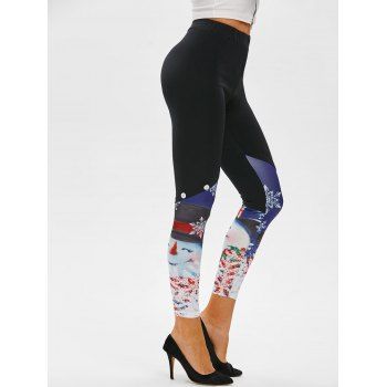 

Christmas Snowman Snowflake Mock Button Leggings, Black