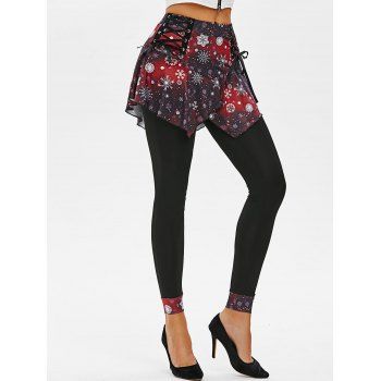 

Lace-up Christmas Snowflake Galaxy Print Skeggings, Deep red