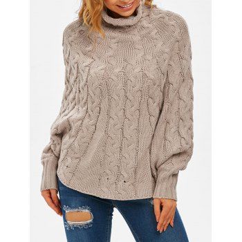 

Cable Knit High Neck Poncho Sweater, Light coffee