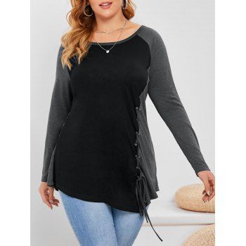 

Plus Size Raglan Sleeve Colorblock Lace Up T Shirt, Black