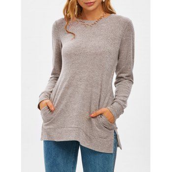 

Slit Pocket Heather Loose Knitwear, Light coffee