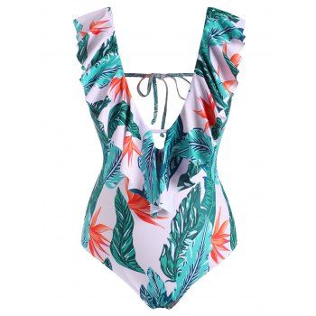 

Plus Size Plunge Leaf Flounce One-piece Swimsuit, Multicolor