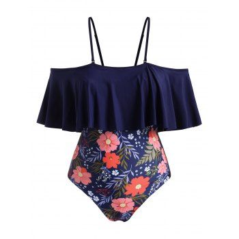 

Plus Size Flower Leaf Flounce One-piece Swimsuit, Deep blue