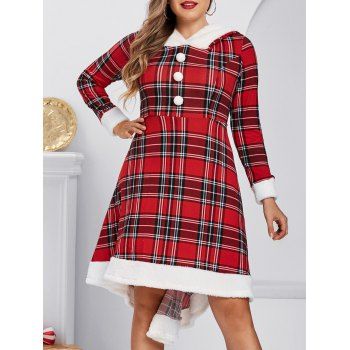 

Plus Size Plaid Hooded Faux Fur Panel A Line Dress, Lava red