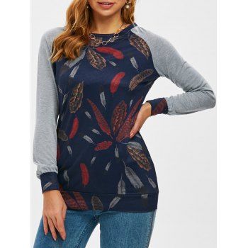 

Contrast Raglan Sleeve Feather Print Sweatshirt, Deep blue