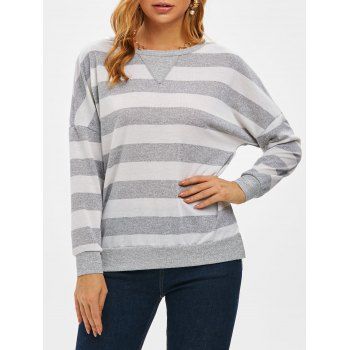Women Two Tone Striped Drop Shoulder Slit Tunic Knitwear Clothing S Light gray