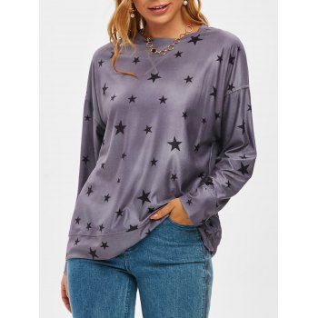 

Stars Print Topstitching Detail Long Sleeve Tee, Gray