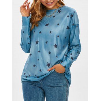 

Stars Print Topstitching Detail Long Sleeve Tee, Light blue