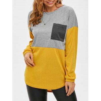 

Color Blocking Chest Pocket Jersey Knit Long Sleeve Tee, Yellow