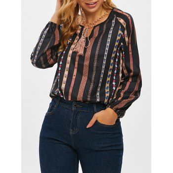

Tie Tassels Bohemian Printed Raglan Sleeve Blouse, Black