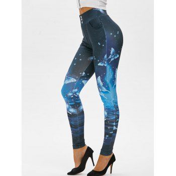 

Slip Pockets Butterfly Print Leggings, Blue