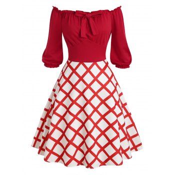 

Frilled Off Shoulder Plaid A Line Retro Dress, Red