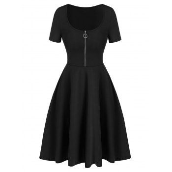 

Short Sleeve Half Zip Flare Dress, Black