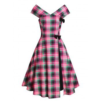

Plaid Bowknot Overlap Sleeveless A Line Dress, Multicolor