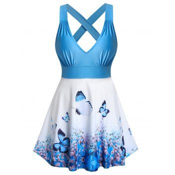 

Plus Size Floral Butterfly Cross Back Plunge Tankini Swimwear, Light blue