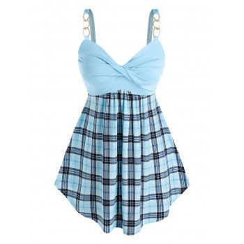 

Plus Size Plaid Chains Twisted Backless Tank Top, Sea blue
