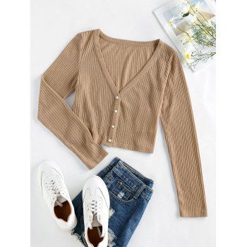 

Plus Size V Neck Ribbed Button Up Cardigan, Light coffee