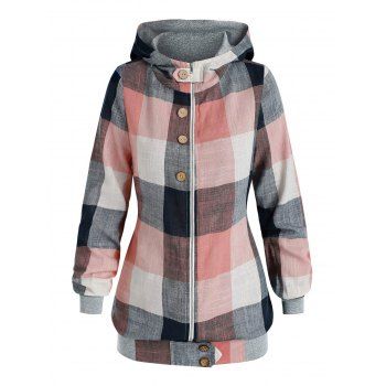 

Hooded Plaid Print Zip Up Jacket, Multicolor a